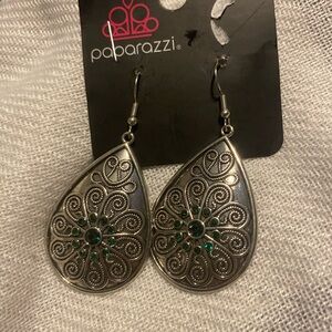 Paparazzi Silver Earrings with Green Accents